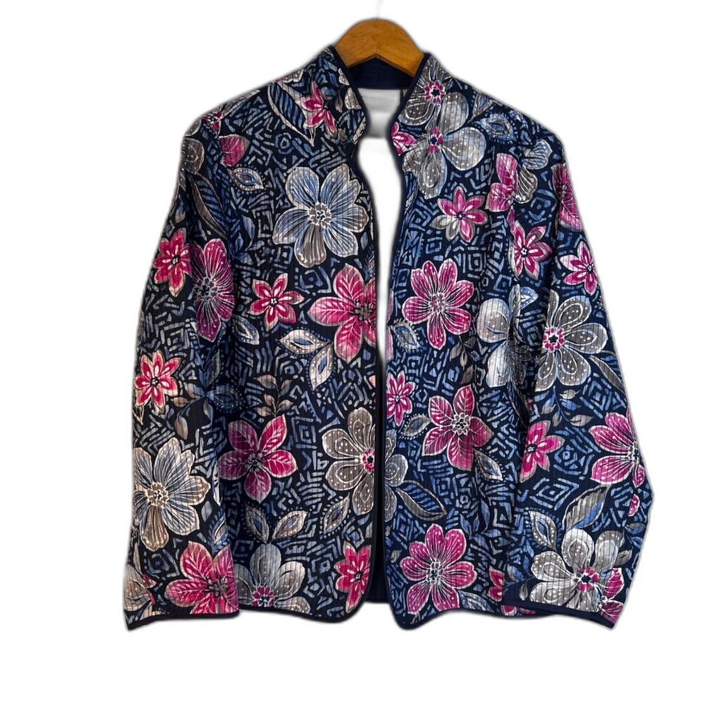 Alfred Dunner Floral Quilted Open Front Jacket Asian Flair Lightweight Size 14P